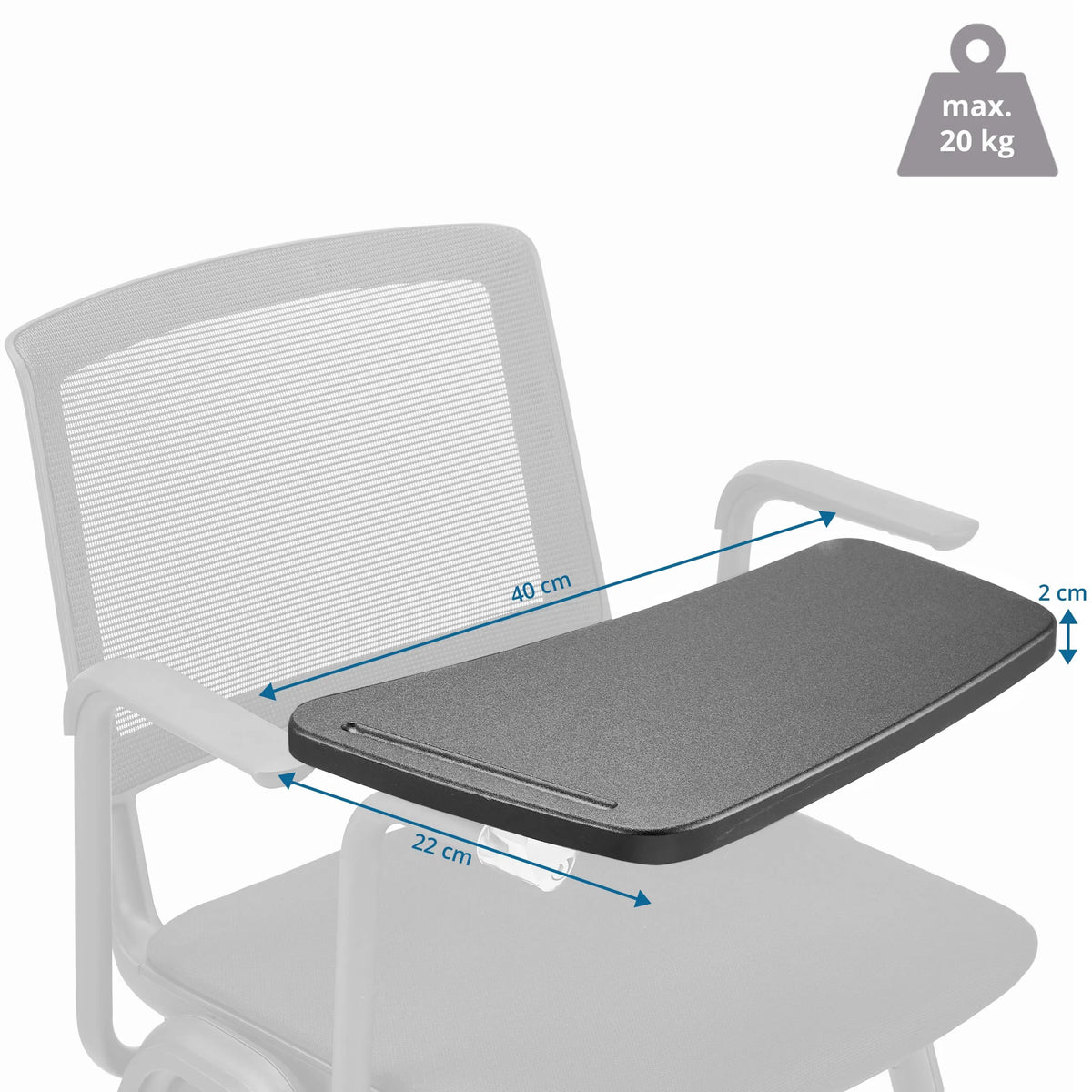 Vue dimensionnelle de la Planchette à pince MEET WA de 40 × 22 cm et une charge maximale de 20 kg de hjh OFFICE