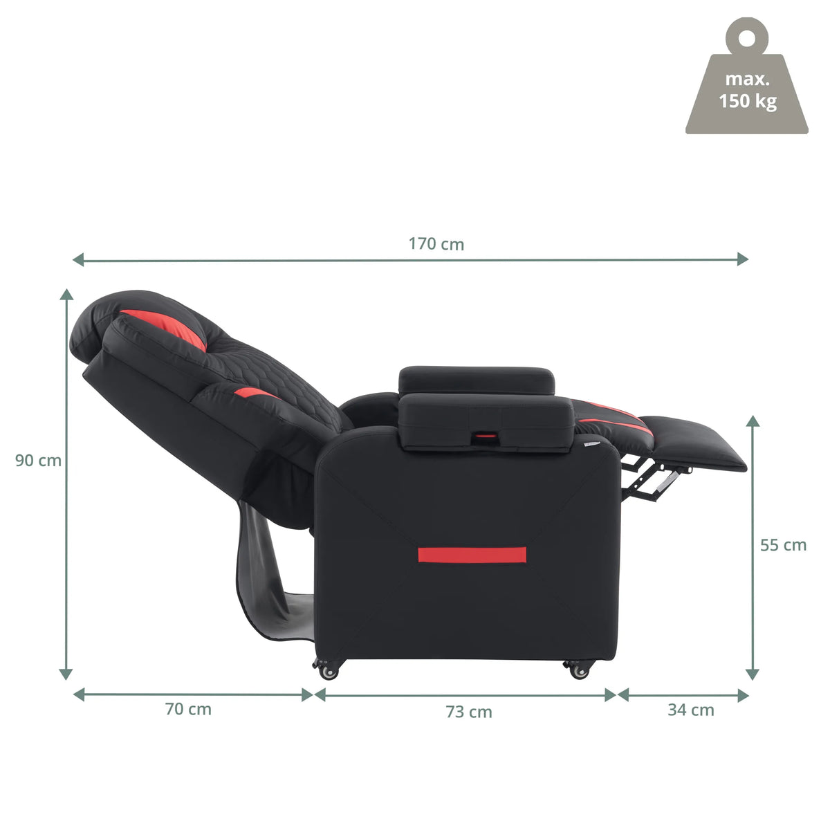 Dessin coté du Fauteuil de salon Game Sport RX avec une longueur totale de 170 cm et une hauteur de 90 cm de hjh OFFICE
