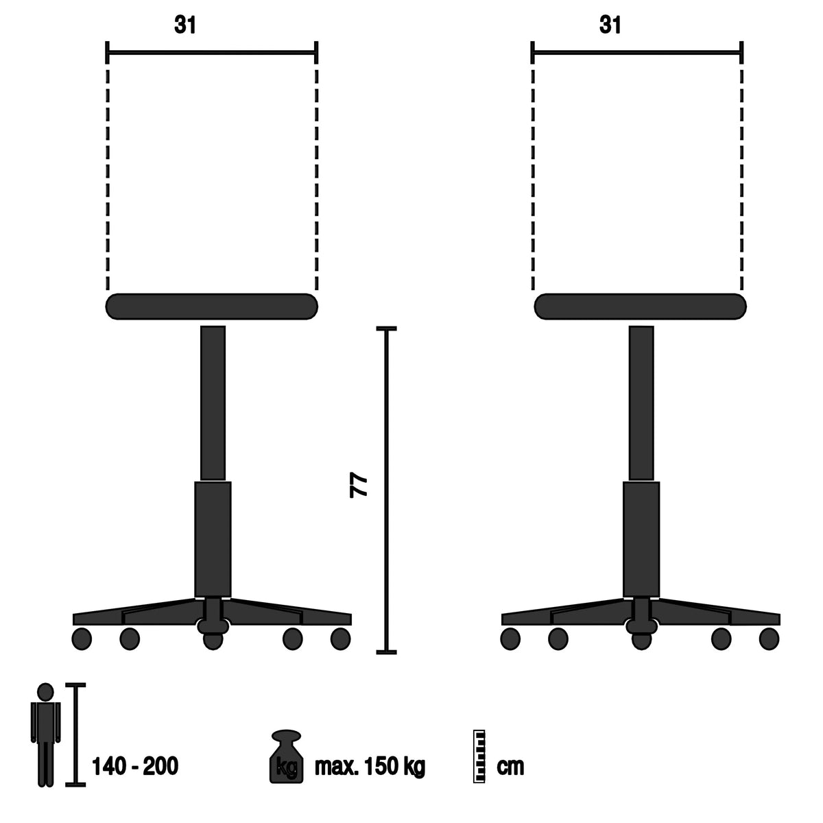 Dessin technique du Tabouret de bar VANTAGGIO HIGH WS, 31 × 77 cm et charge max. 150 kg de hjh OFFICE