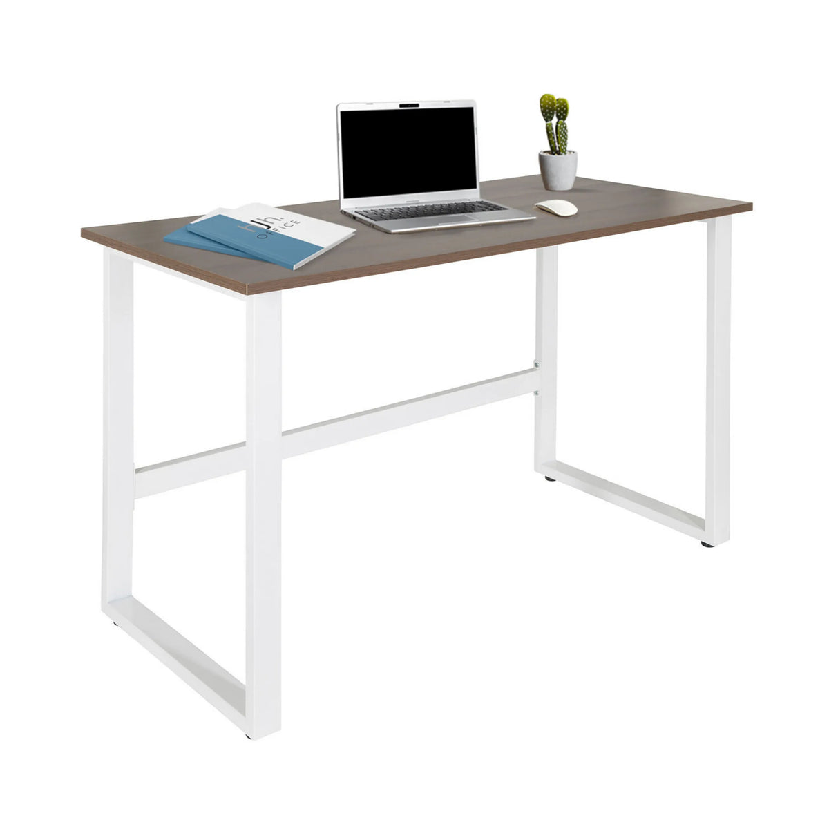 Bureau WORKSPACE LIGHT I en noyer et blanc avec ordinateur portable, souris et carnet de hjh OFFICE