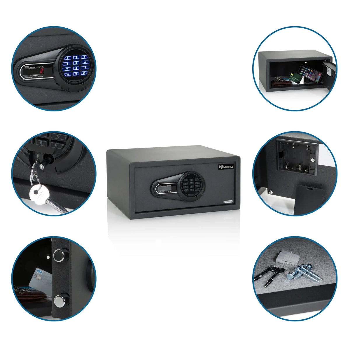 Coffre-fort noir SAFE COMPACT I avec serrure à chiffres, clés et accessoires de montage de hjh OFFICE