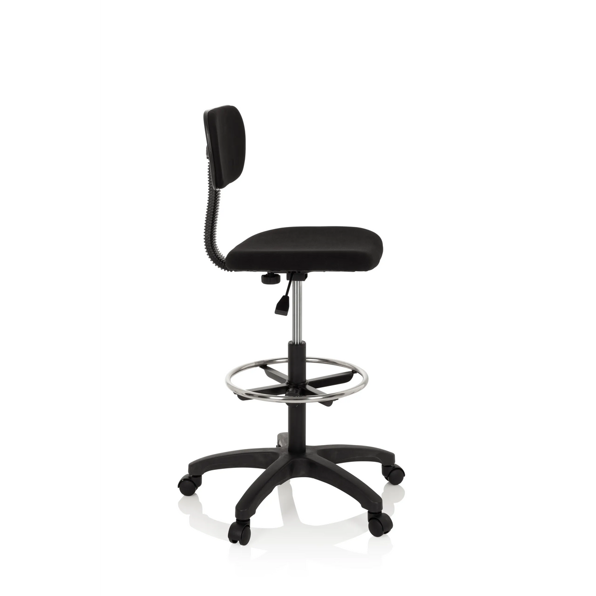 Chaise de comptoir TOP WORK 05 noire avec repose-pieds et piètement à cinq roulettes de hjh OFFICE – vue à 360° (vue de profil 80°)
