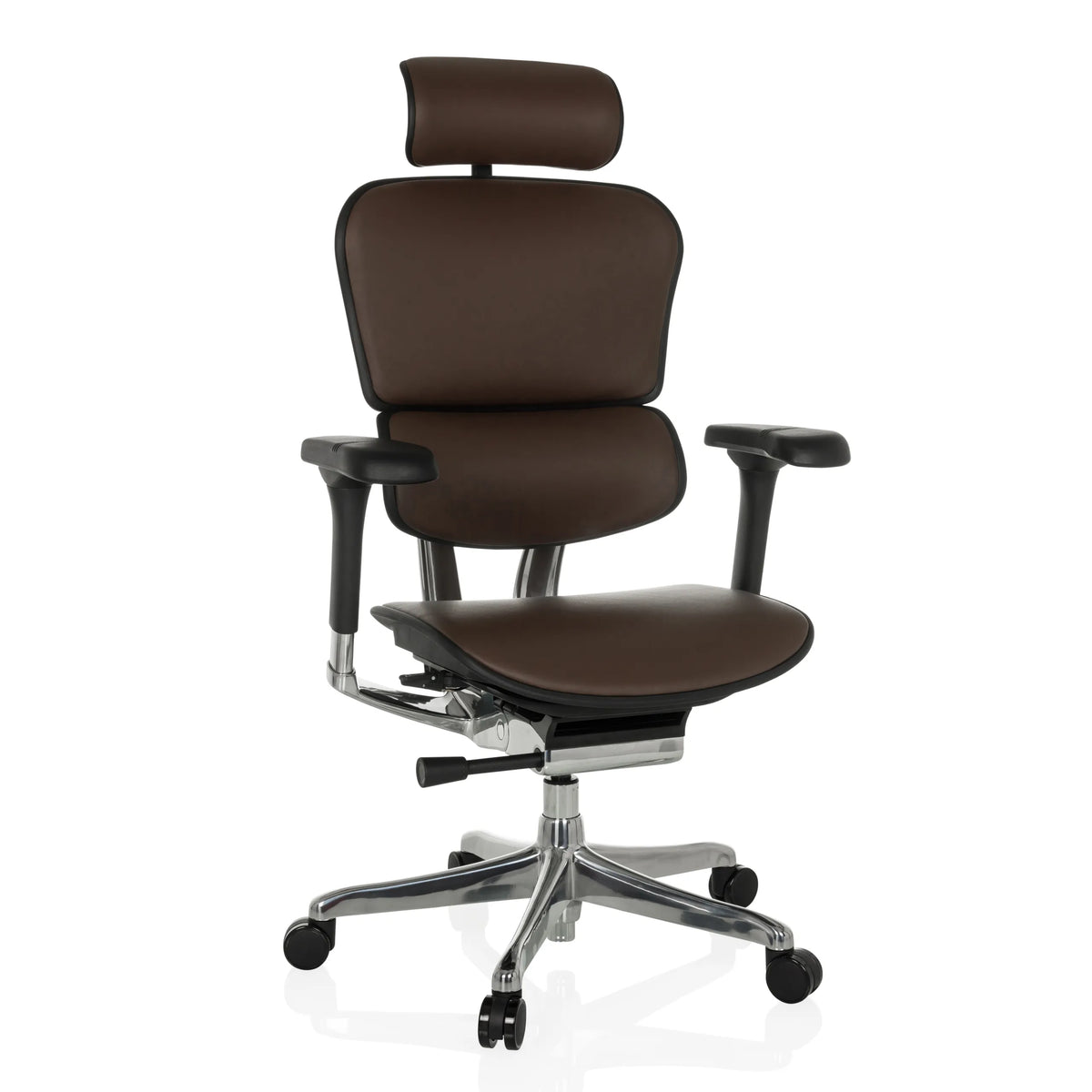 Siège de direction de luxe ERGOHUMAN GEN2 en cuir marron foncé avec pied en étoile et cinq roulettes de hjh OFFICE – vue à 360° (vue de face 15°)