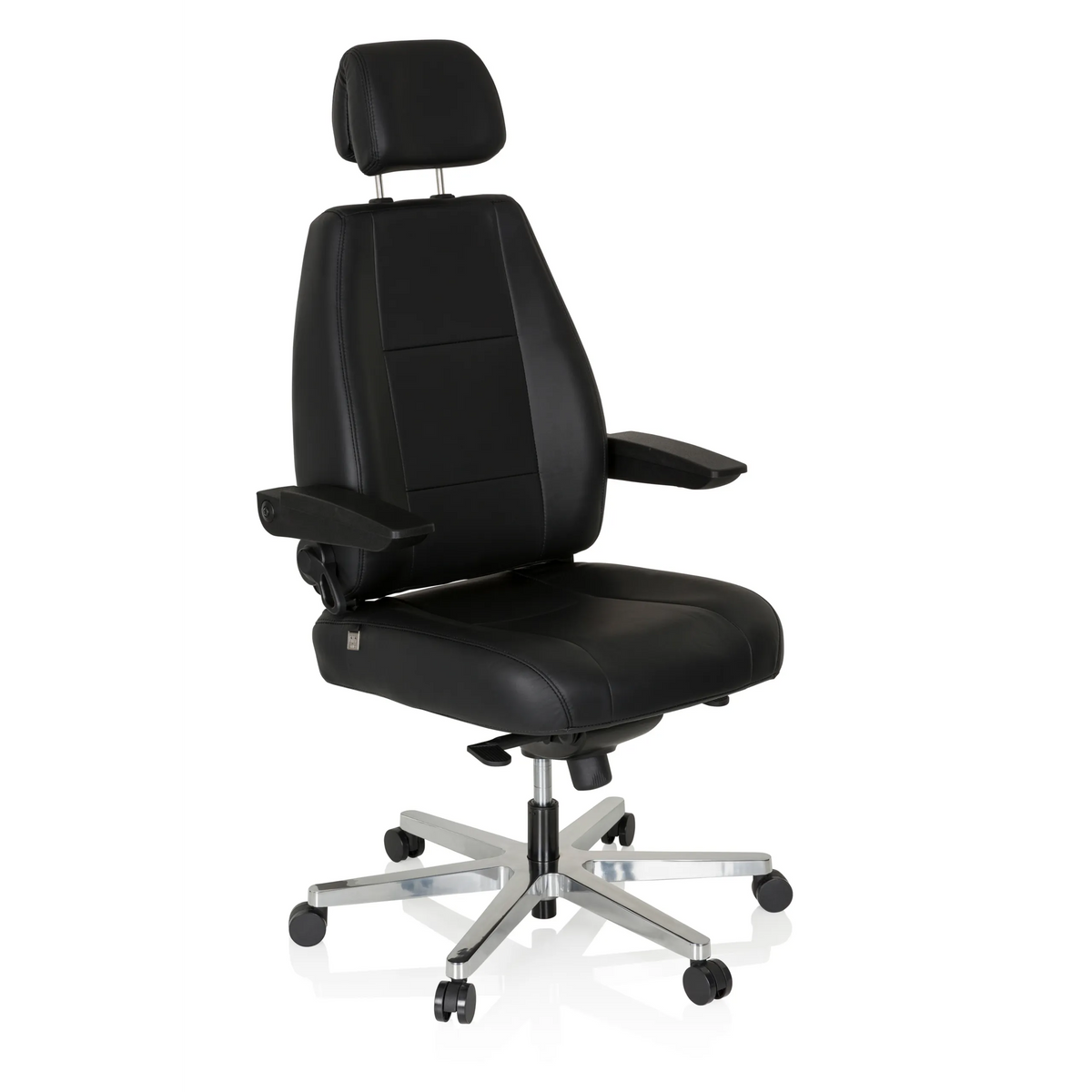 Siège pivotant XXL 24 HOURS noir en cuir avec appuie-tête et pied à cinq roulettes de hjh OFFICE – vue à 360° (vue de trois quarts avant 40°)