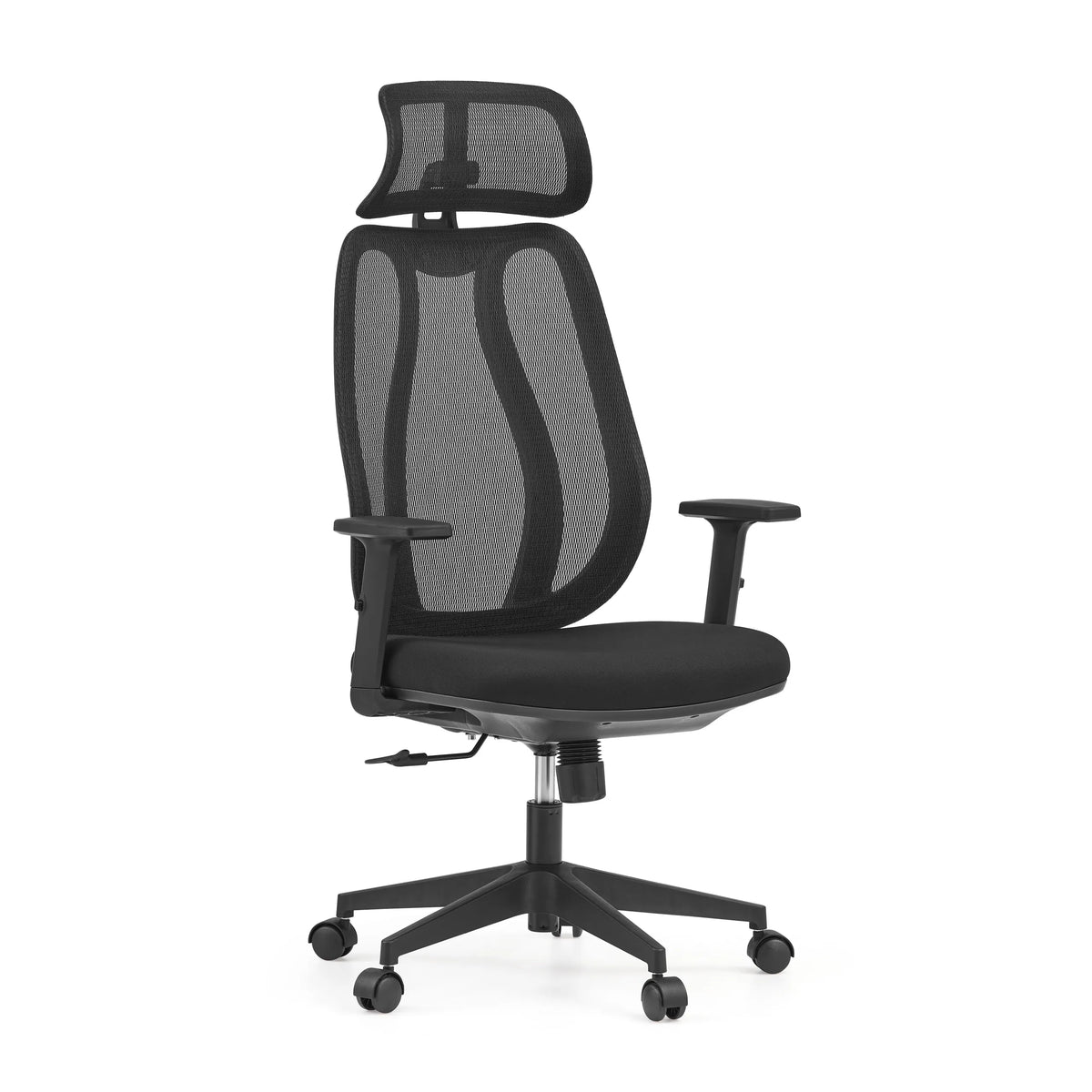Siège de bureau de qualité professionnelle Filaro noir avec dossier en maille, appui-tête et piètement à cinq roulettes de hjh OFFICE – vue à 360° (vue de trois quarts avant 30°)