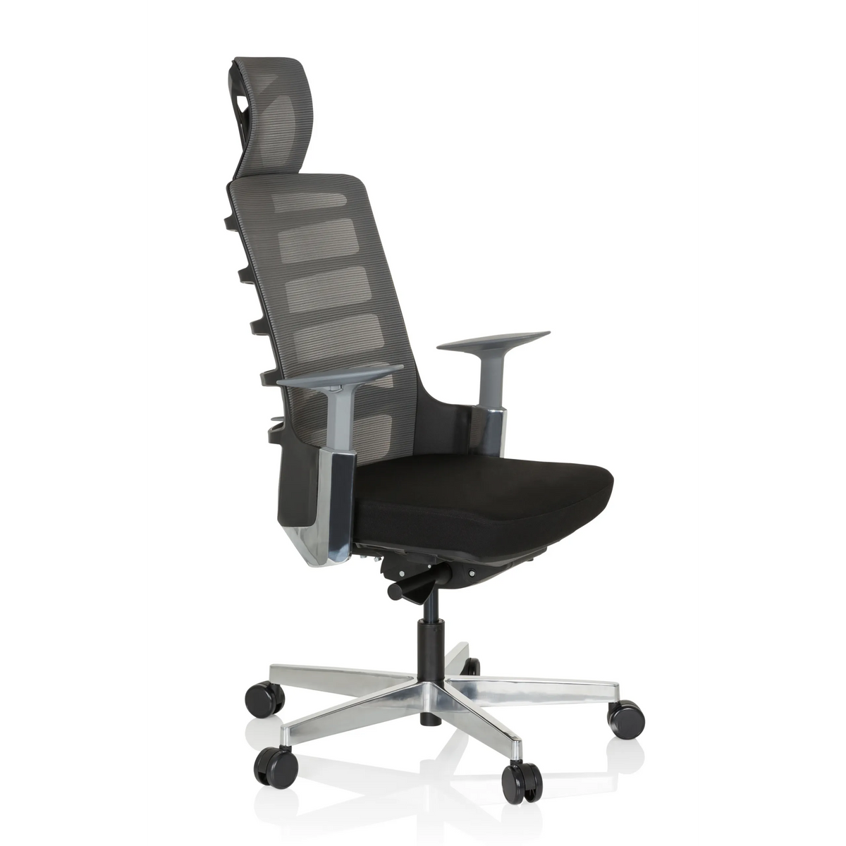 Siège de bureau haut de gamme SKARIF noir et gris avec dossier en maille et piètement à cinq roulettes de hjh OFFICE – vue à 360° (vue de trois quarts avant 60°)