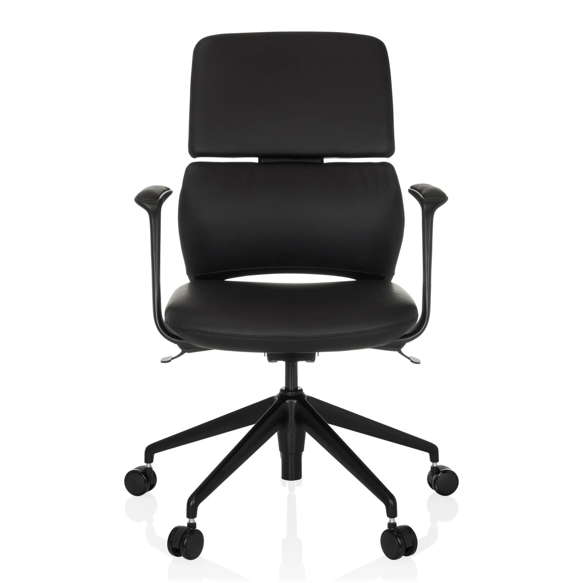 Siège de bureau de qualité professionnelle ATMOS DESIGNER noir avec accoudoirs et base à cinq roulettes de hjh OFFICE – vue à 360° (vue de face 0°)
