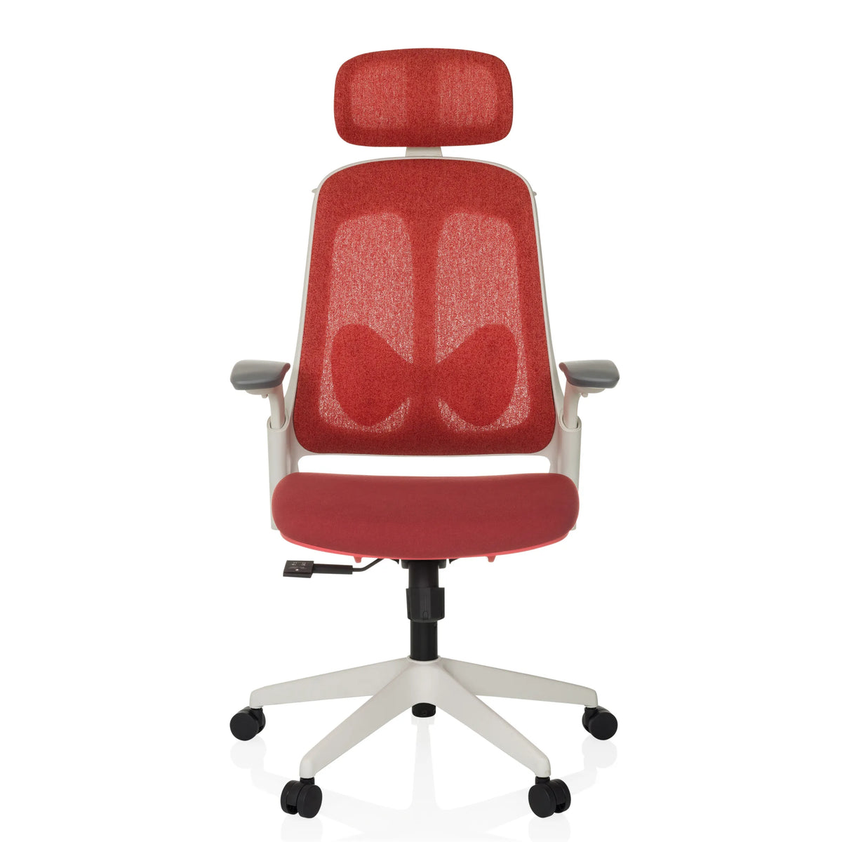 Siège de bureau de qualité professionnelle ARCEO WF rouge, dossier mesh, base blanche à 5 roulettes de hjh OFFICE – vue à 360° (vue de face 0°)
