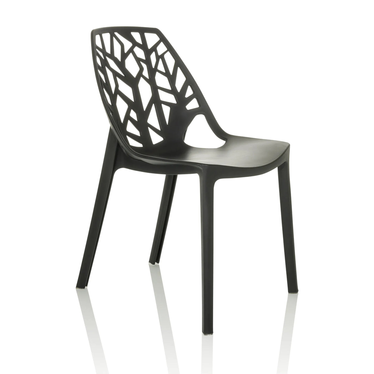 Chaise d'extérieur ARTIFO TRI noire avec dossier ajouré au look organique de hjh OFFICE – vue à 360° (vue de trois quarts avant 45°)
