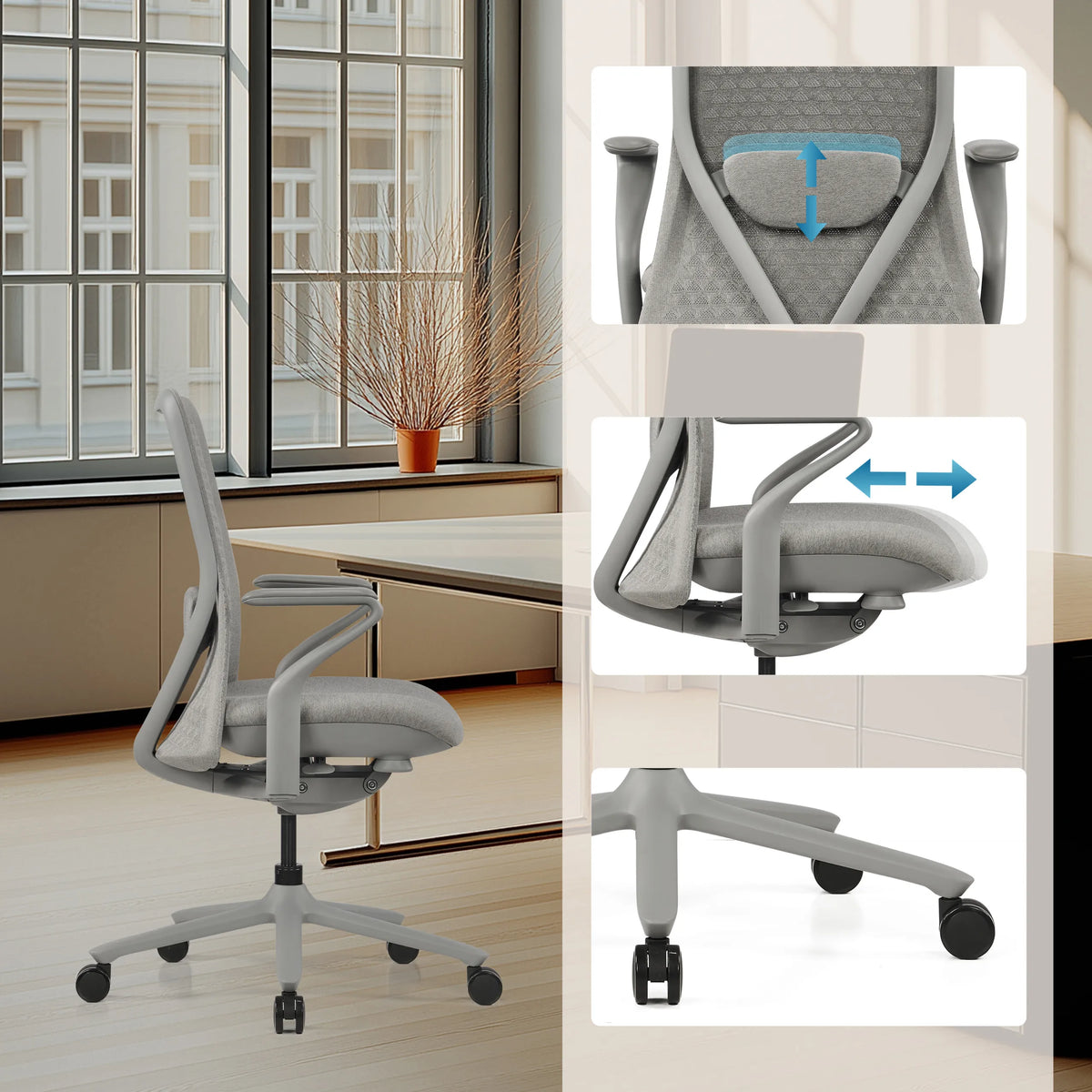 Siège de bureau haut de gamme VERVIO gris avec appui-tête et accoudoirs réglables de hjh OFFICE