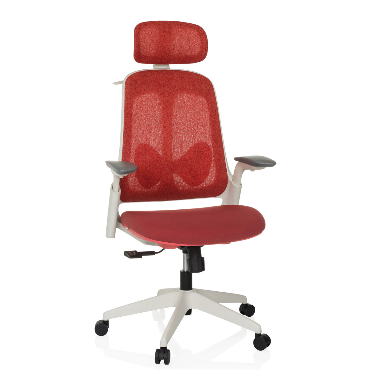 Siège de bureau de qualité professionnelle ARCEO WF rouge, dossier mesh, base blanche à 5 roulettes de hjh OFFICE – vue à 360° (vue de face 15°)