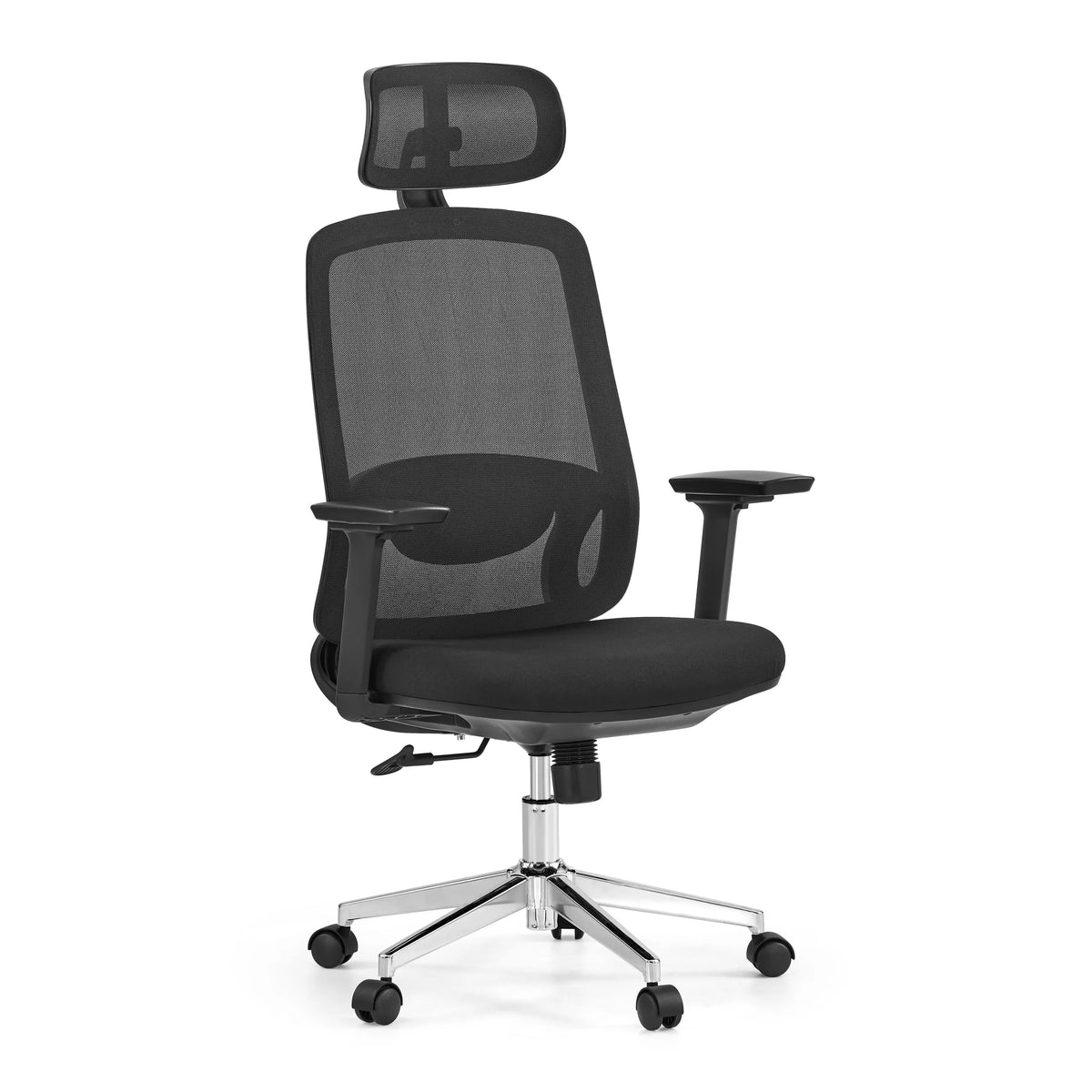 Siège de bureau de qualité professionnelle Ergosento noir avec dossier en maille, appui-tête et piètement à cinq roulettes de hjh OFFICE – vue à 360° (vue de trois quarts avant 30°)