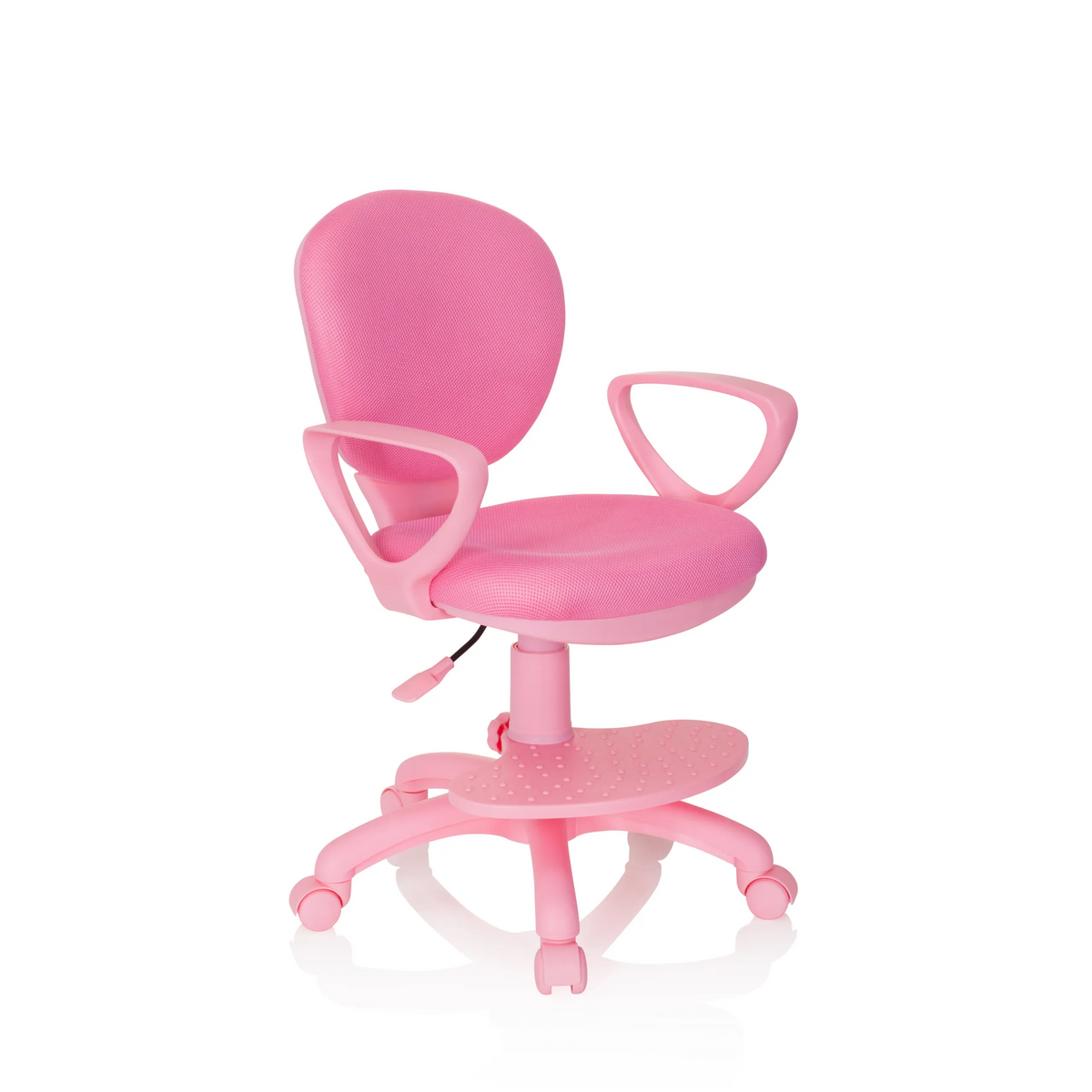 Chaise pivotante pour des enfants KID COLOUR rose avec accoudoirs et base à cinq roulettes de hjh OFFICE – vue à 360° (vue de trois quarts avant 40°)