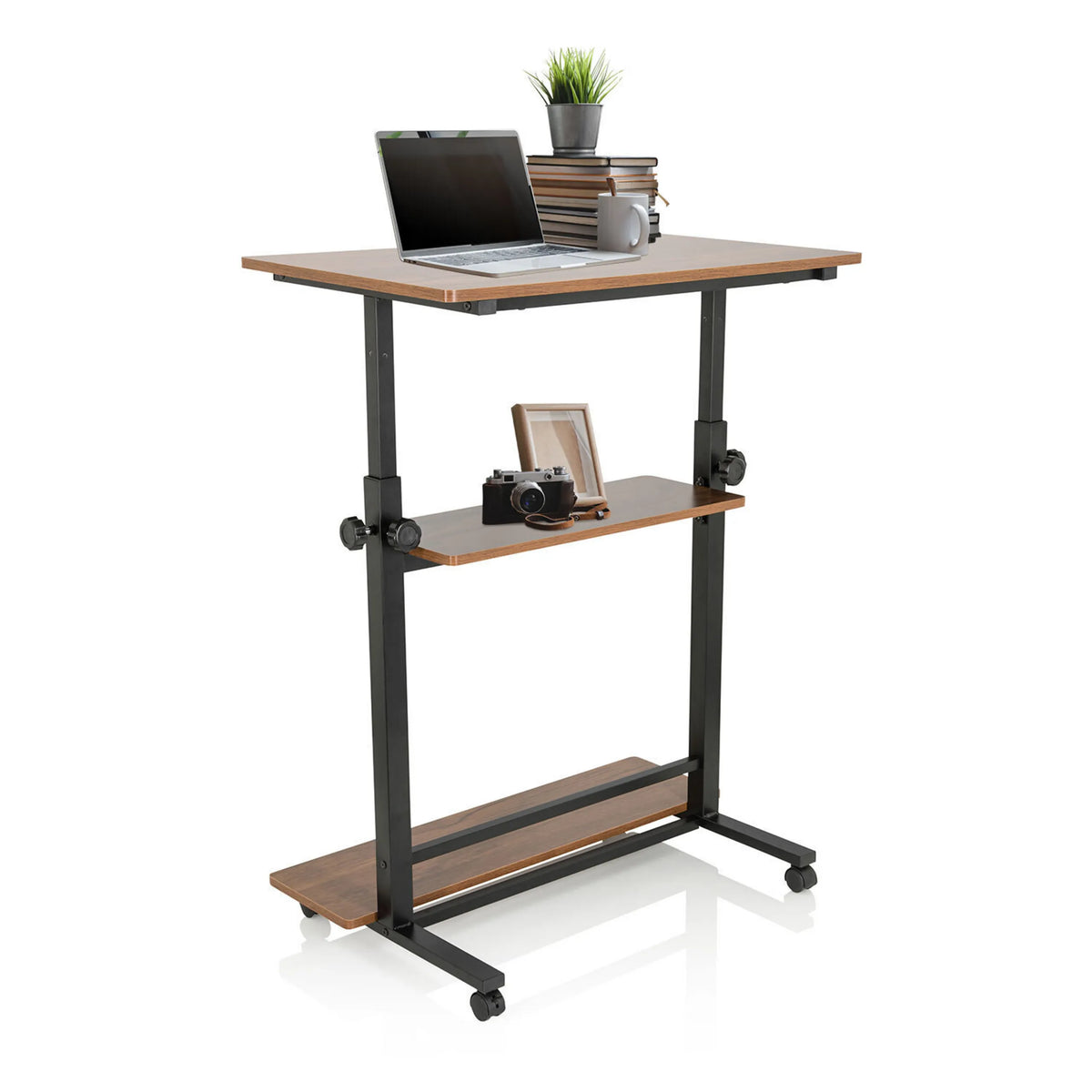Bureau assis-debout WORKSTATION II en noir et noyer avec deux étagères de rangement et roulettes de hjh OFFICE