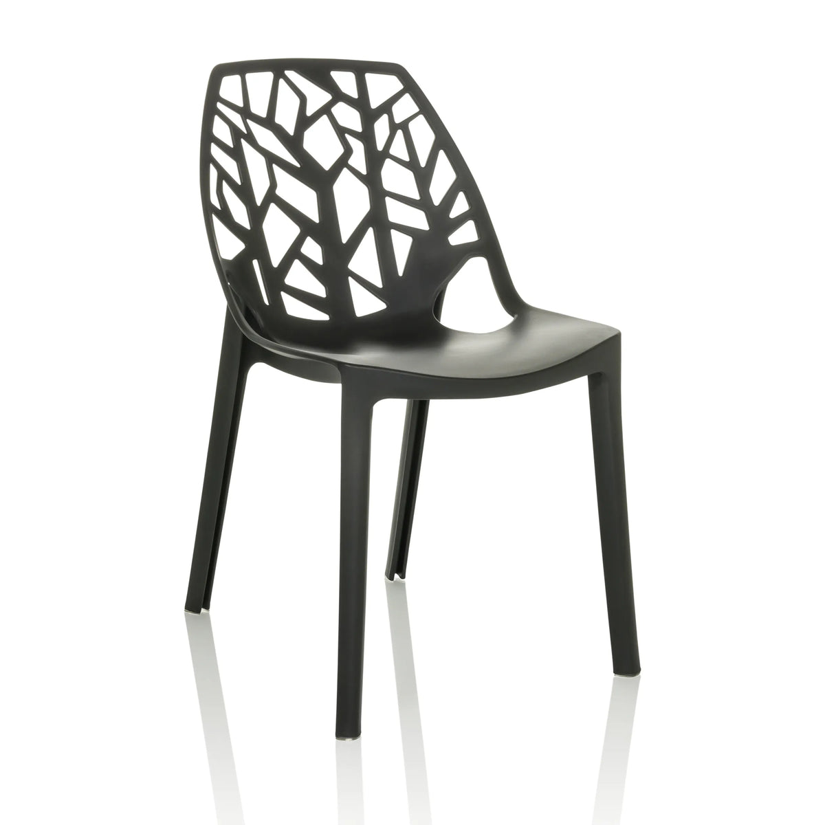 Chaise d'extérieur ARTIFO TRI noire avec dossier ajouré au look organique de hjh OFFICE – vue à 360° (vue de trois quarts avant 30°)