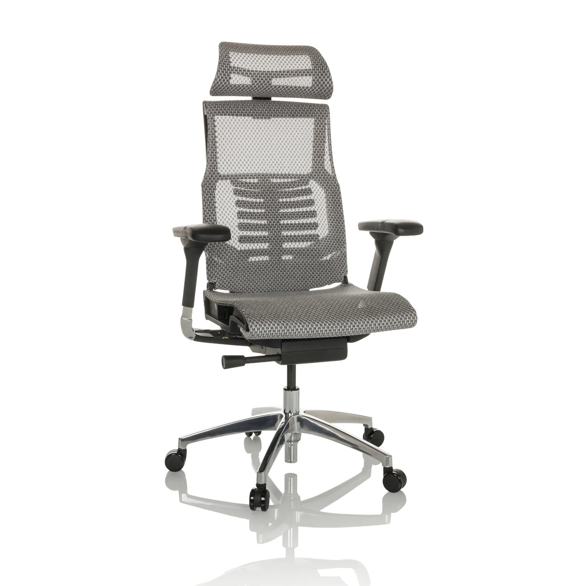 Siège de bureau haut de gamme POFIT GEN2 gris clair avec dossier en maille et piètement à cinq roulettes de hjh OFFICE – vue à 360° (vue de face 15°)