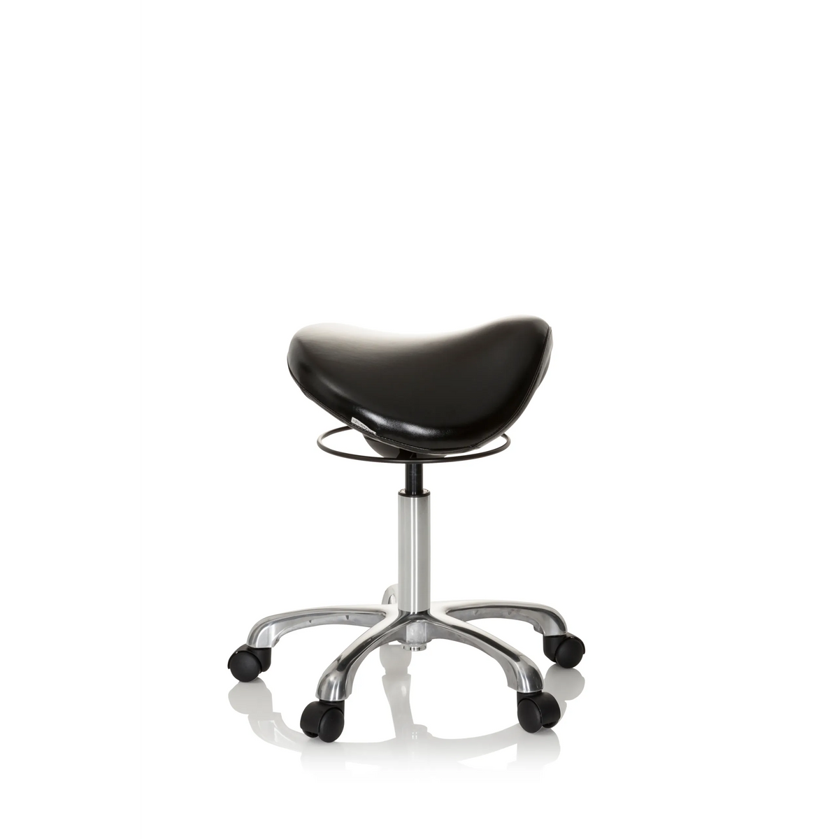 Tabouret de selle ORTHO SIT noir avec repose-pieds en croix et cinq roulettes de hjh OFFICE – vue à 360° (vue de profil 80°)