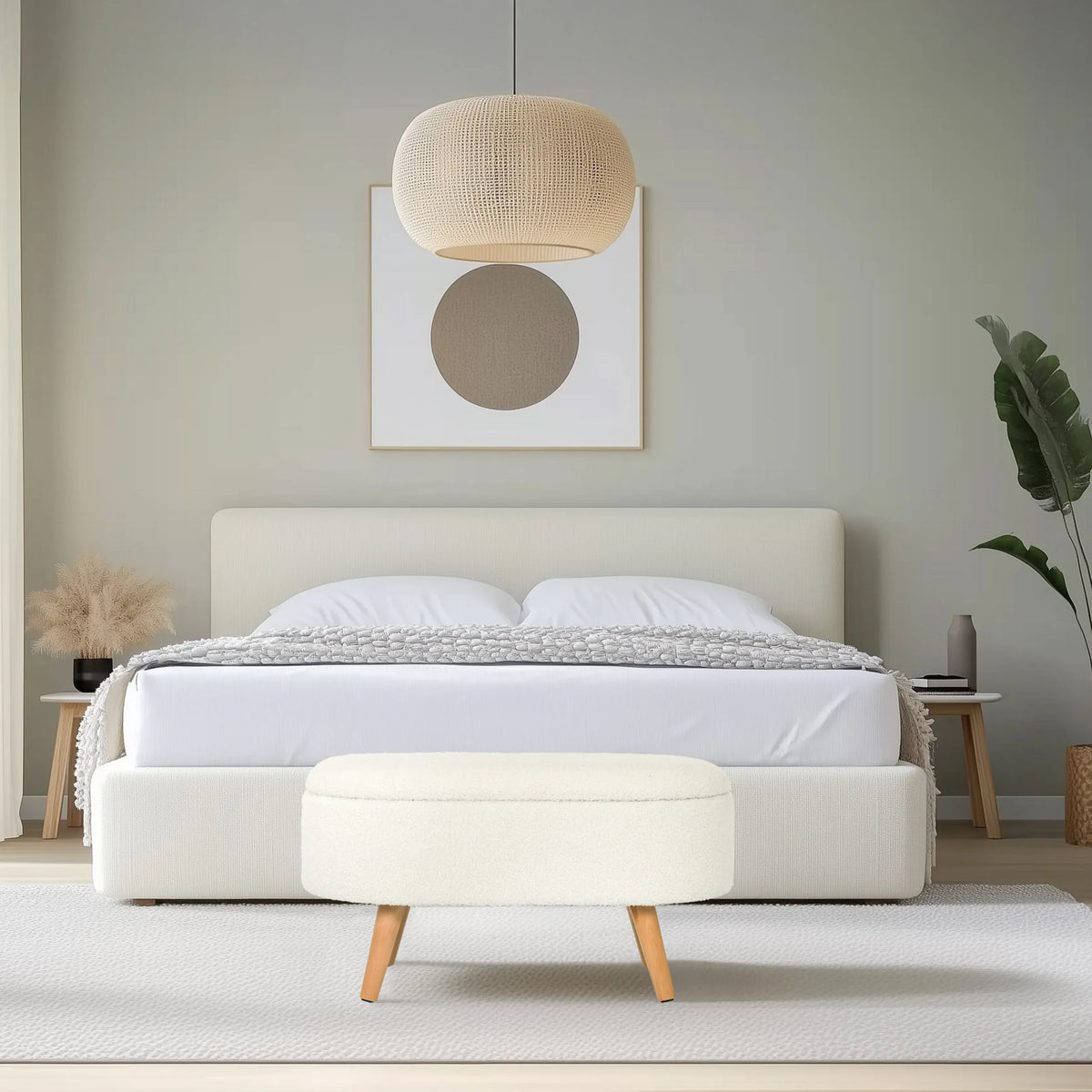 Banc blanc STORIANO avec revêtement en tissu et quatre pieds en bois clair de hjh LIVING