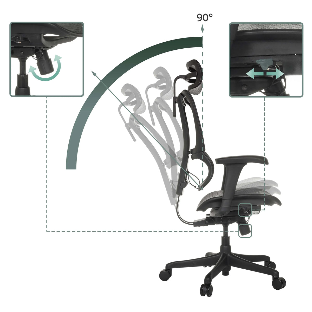 Neigungsverstellung der Rückenlehne bis 90 Grad des Luxus-Chefsessels ERGOHUMAN SLIM ECO M GEN2 von hjh OFFICE