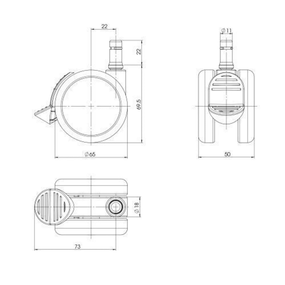 Dessin technique des Roulettes 5x ROLO STOP 11mm/65mm avec un diamètre de 65 mm de hjh OFFICE
