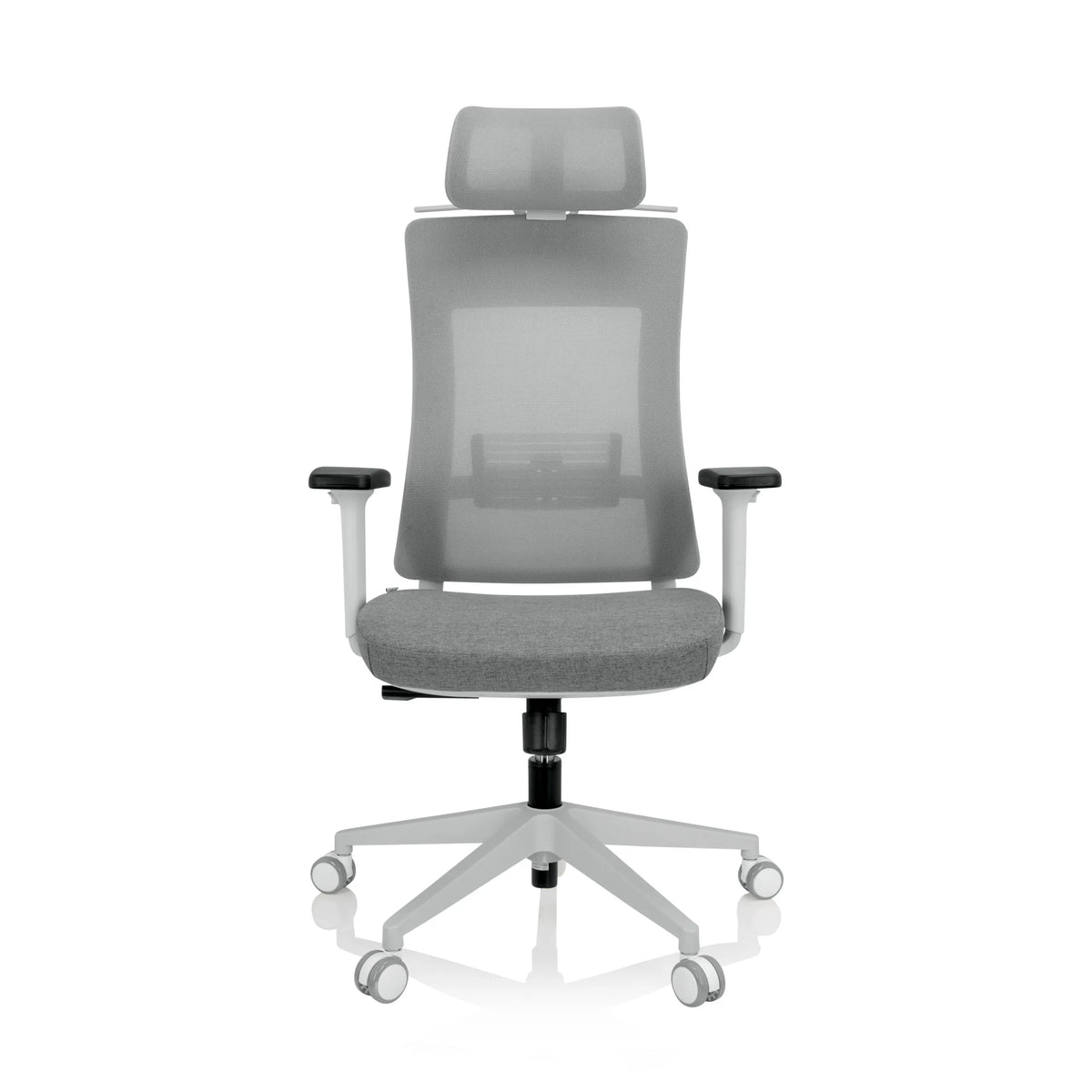 Siège de bureau de qualité professionnelle COMFIO WMH gris, dossier maille, appuie-tête et base à roulettes de hjh OFFICE – vue à 360° (vue de face 0°)
