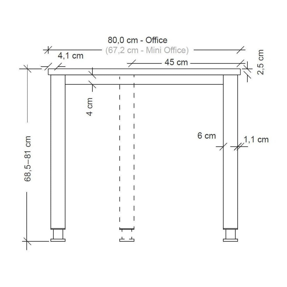 Maßzeichnung des Schreibtisches HILO 18 S der Serie HILO mit einer Höhe von 68,5 bis 81 cm von hjh OFFICE PRO
