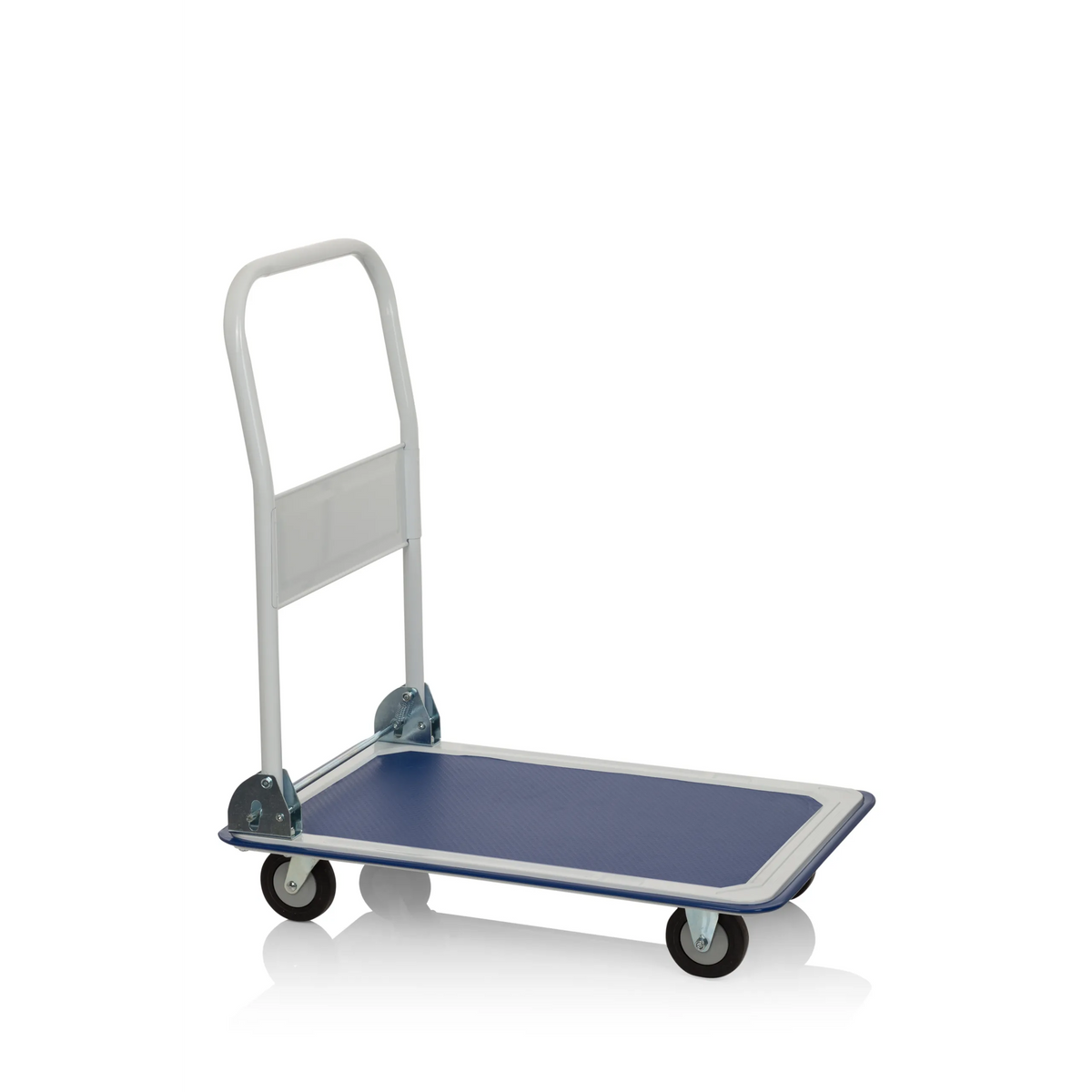 Chariot à plateforme CARRY bleu et blanc avec poignée pliable et quatre roulettes de hjh OFFICE – vue à 360° (vue de face 0°)