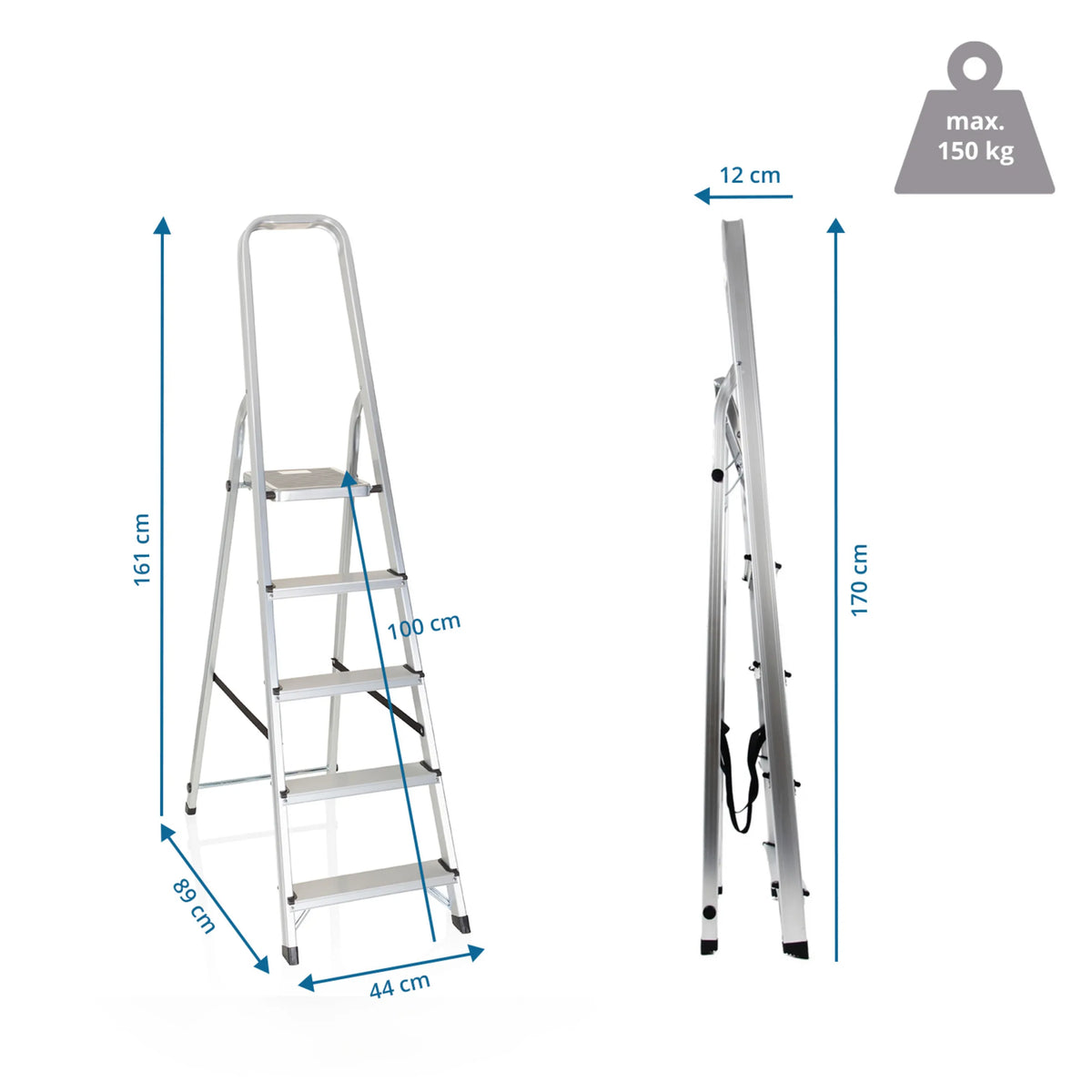Dessin coté de l'Échelle pliante SOLID III avec une hauteur de 170 cm et une capacité de charge de 150 kg de hjh OFFICE