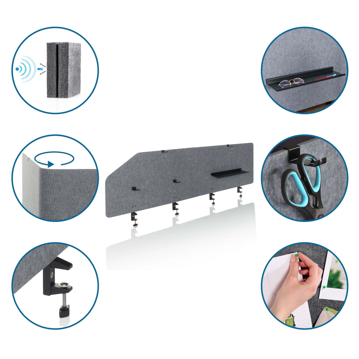 Cloisons de table grises FLEXMIUT T TOP avec accessoires tels qu'une tablette, un support et une fonction de tableau d'affichage de hjh OFFICE