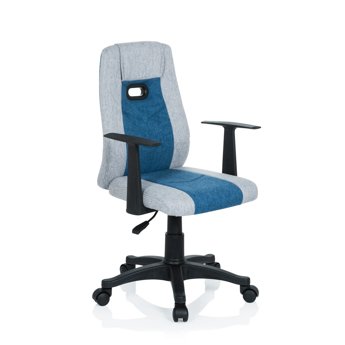 Chaise pivotante pour des enfants KIDDY EXTRA gris-bleu avec accoudoirs et base à cinq roulettes de hjh OFFICE – vue à 360° (vue de trois quarts avant 40°)