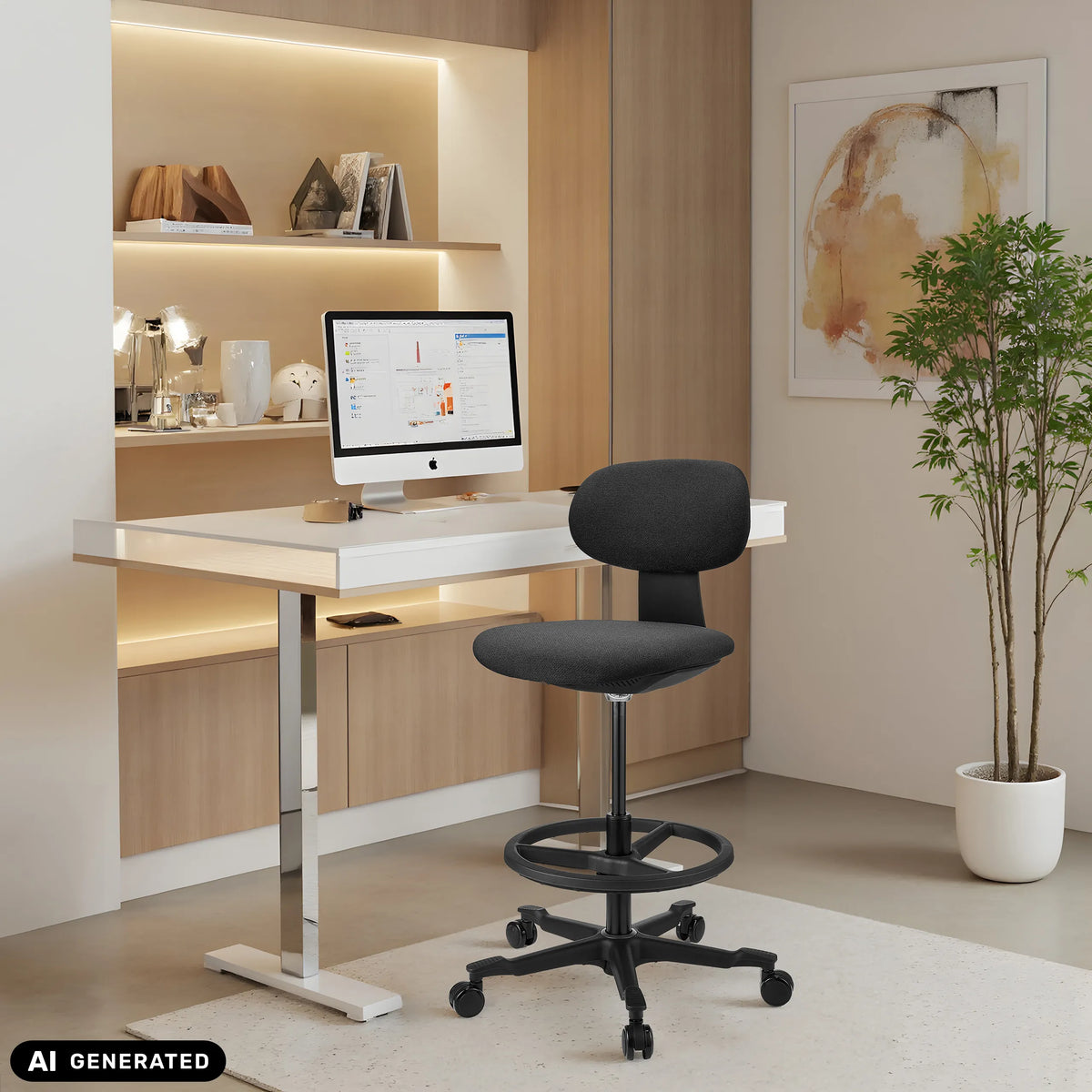 Chaise de travail WORK MF2 noire avec repose-pieds et roulettes devant un bureau blanc de hjh OFFICE (image générée par IA)