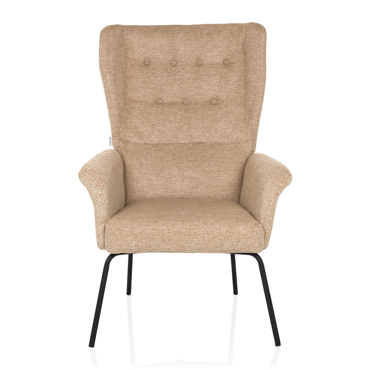 Fauteuil rembourré beige HAVENIO avec capitonnage, accoudoirs et pieds en métal noir de hjh LIVING – vue à 360° (vue de face 0°)