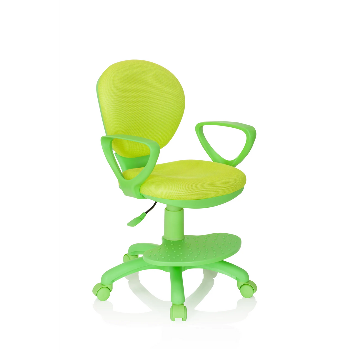 Chaise pivotante pour des enfants KID COLOUR verte avec accoudoirs et piètement à cinq roulettes de hjh OFFICE – vue à 360° (vue de trois quarts avant 40°)
