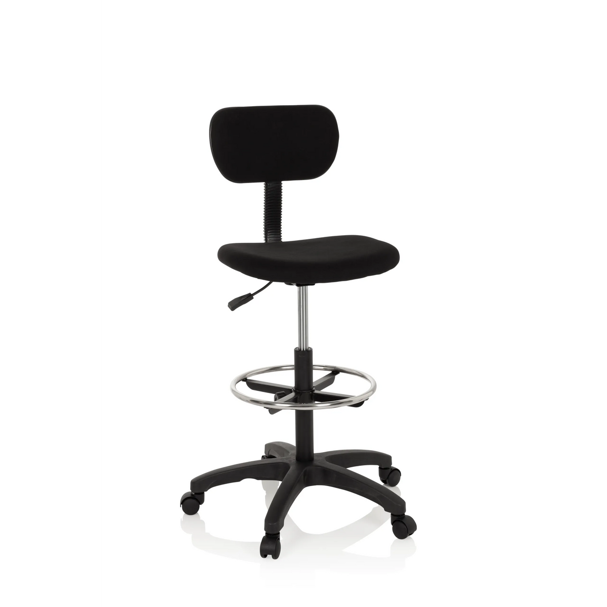 Chaise de comptoir TOP WORK 05 noire avec repose-pieds et piètement à cinq roulettes de hjh OFFICE – vue à 360° (vue de face 20°)
