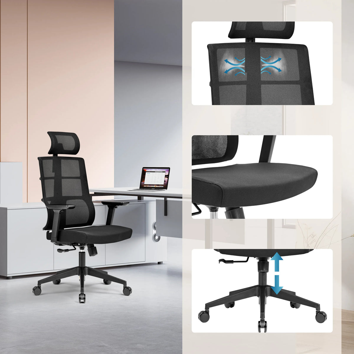 Siège de bureau de qualité professionnelle SPINIO PRO en noir avec dossier en maille, assise et base réglable en hauteur de hjh OFFICE