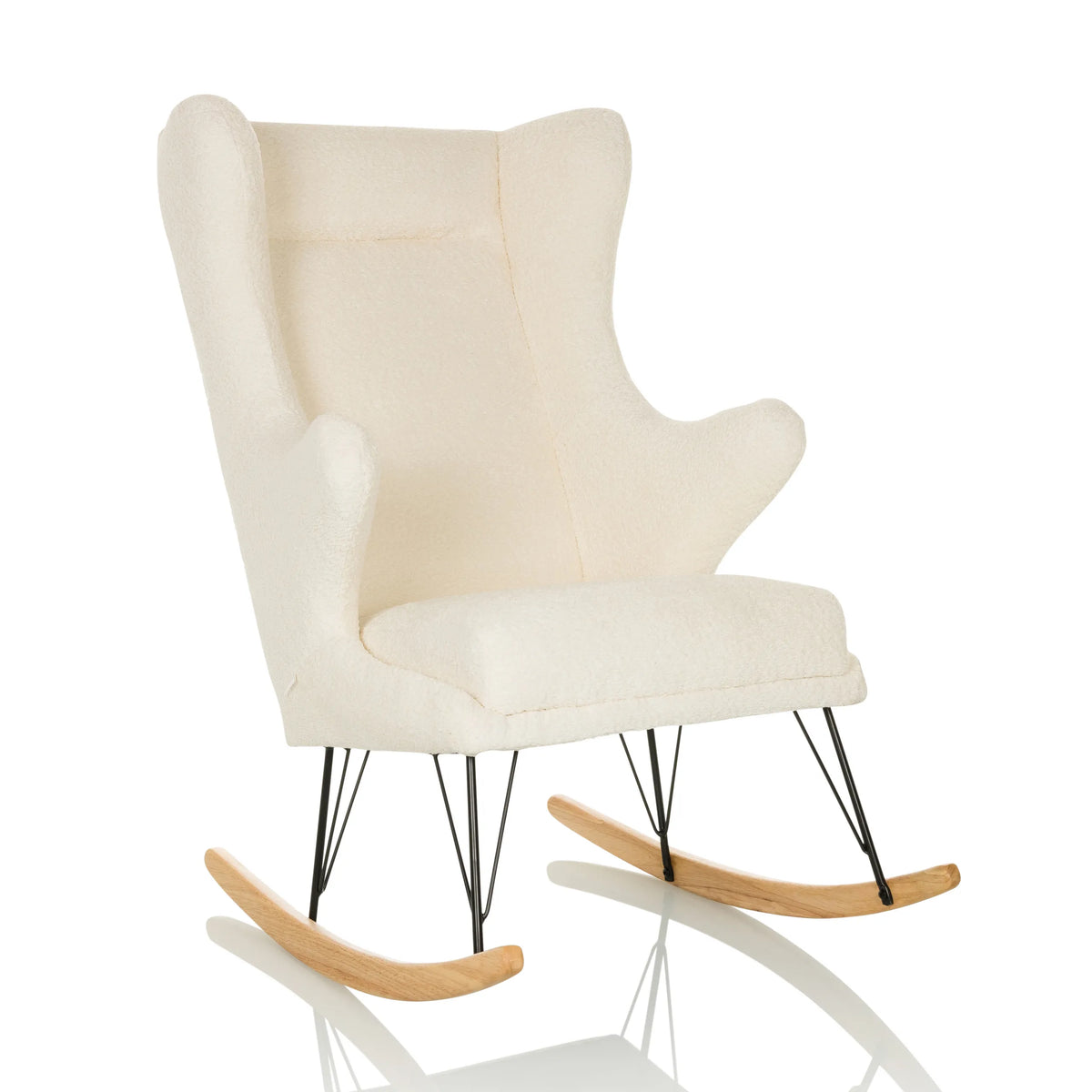 Fauteuil de salon blanc MAPOON comme fauteuil à bascule avec patins en bois et métal de hjh LIVING – vue à 360° (vue de trois quarts avant 30°)