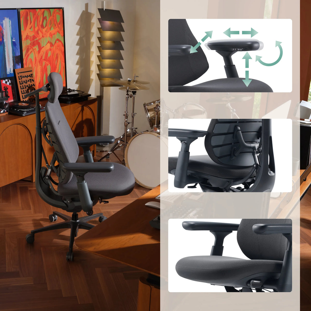 Accoudoirs réglables sur plusieurs axes du siège de bureau LiberNovo Maxis Airflow en graphite de Libernovo