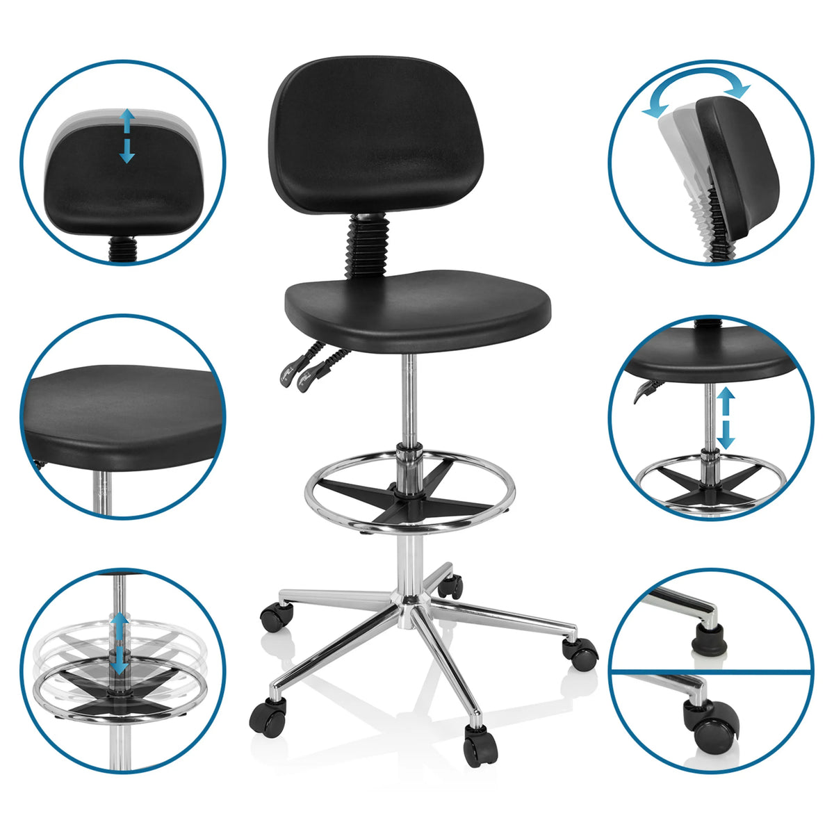 Fonctions réglables de la Chaise de comptoir TOP WORK 24 I en noir avec repose-pieds et roulettes de hjh OFFICE