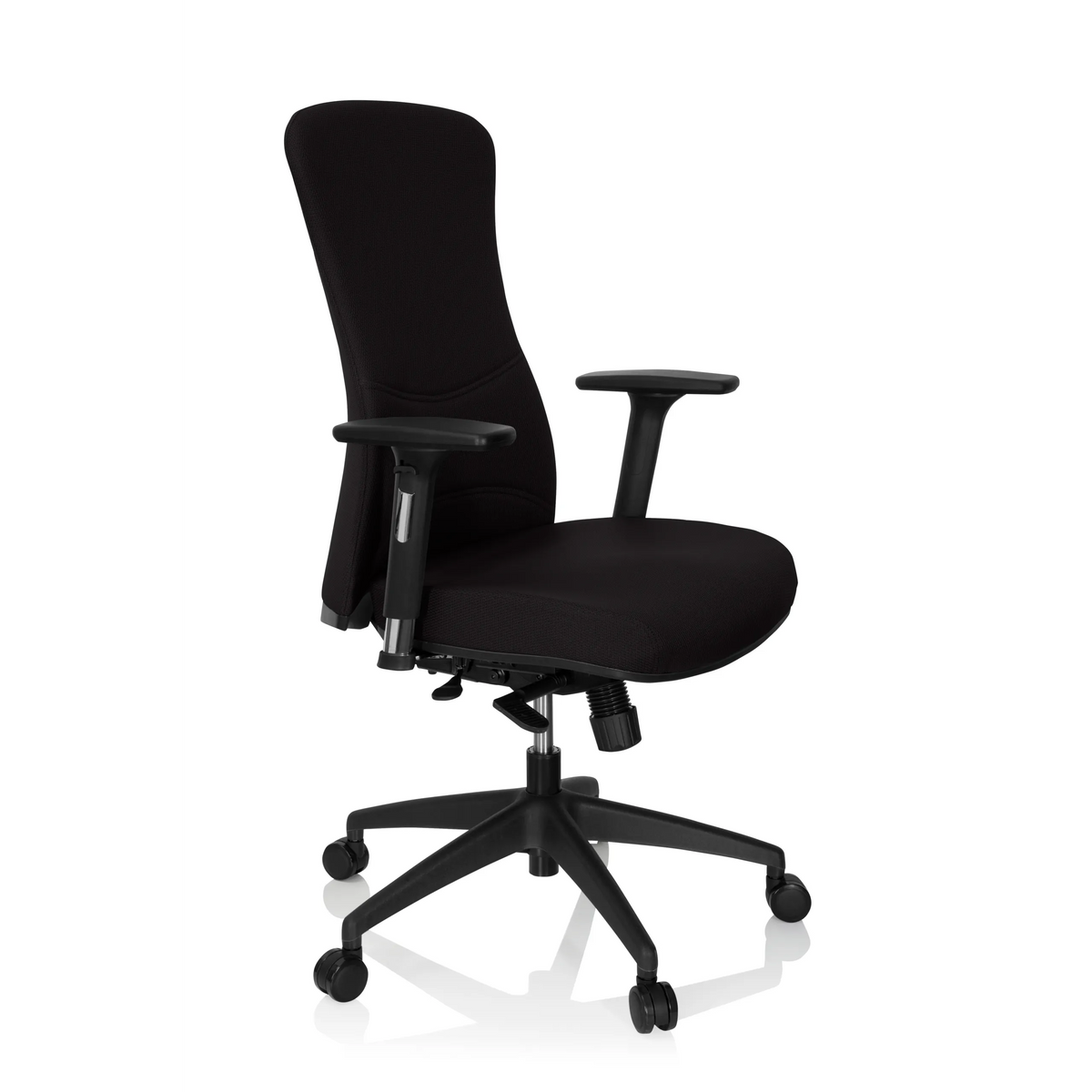 Siège de bureau de qualité professionnelle OFFICE XT PRO noir avec accoudoirs et base à cinq roulettes de hjh OFFICE – vue à 360° (vue de trois quarts avant 60°)