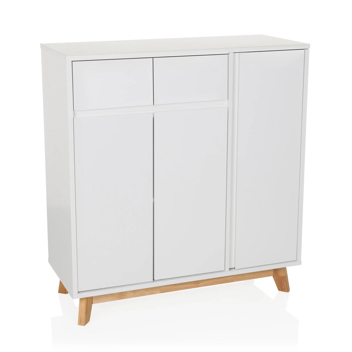 Commode blanche ESTHA avec deux tiroirs, trois portes et pieds en bois clair de hjh LIVING – vue à 360° (vue de face 15°)