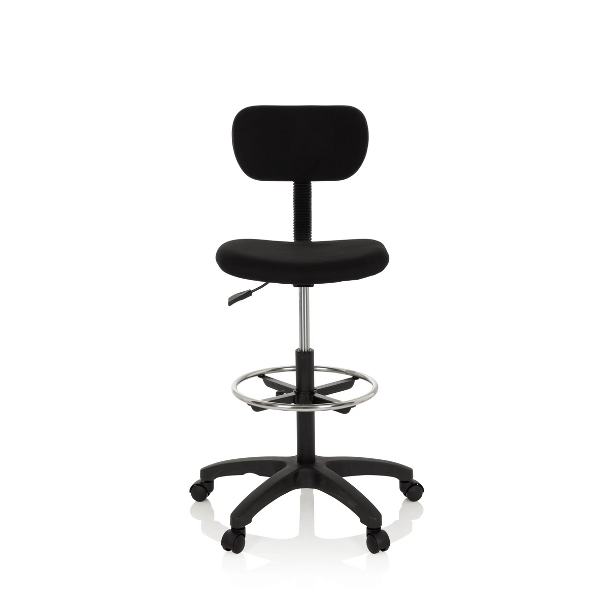Chaise de comptoir TOP WORK 05 noire avec repose-pieds et piètement à cinq roulettes de hjh OFFICE – vue à 360° (vue de face 0°)