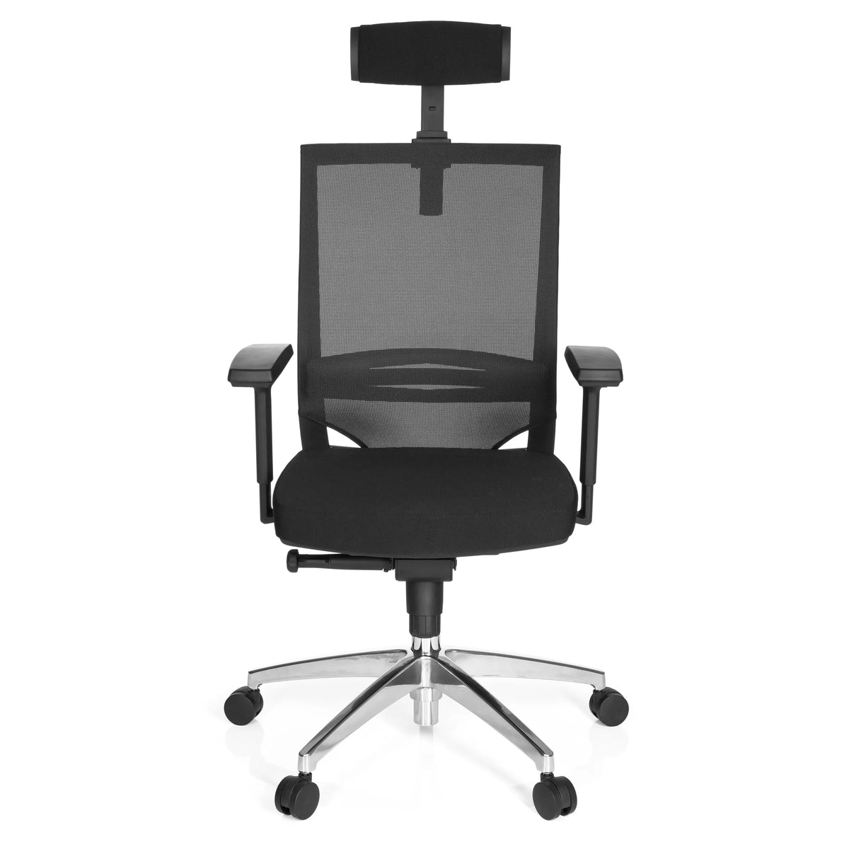 Siège de bureau de qualité professionnelle PORTO MAX HIGH noir avec dossier en maille, appui-tête et piètement argenté à cinq roulettes de hjh OFFICE – vue à 360° (vue de face 0°)