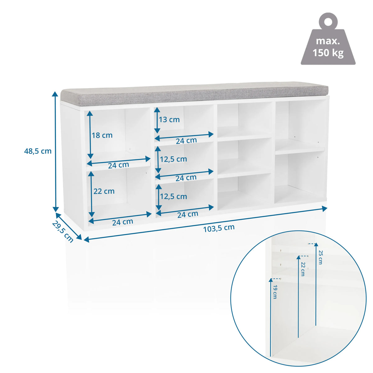 Dessin coté de l'Armoire à chaussures ESTHA 10 avec 103,5 × 48,5 cm et une capacité de charge de 150 kg de hjh LIVING