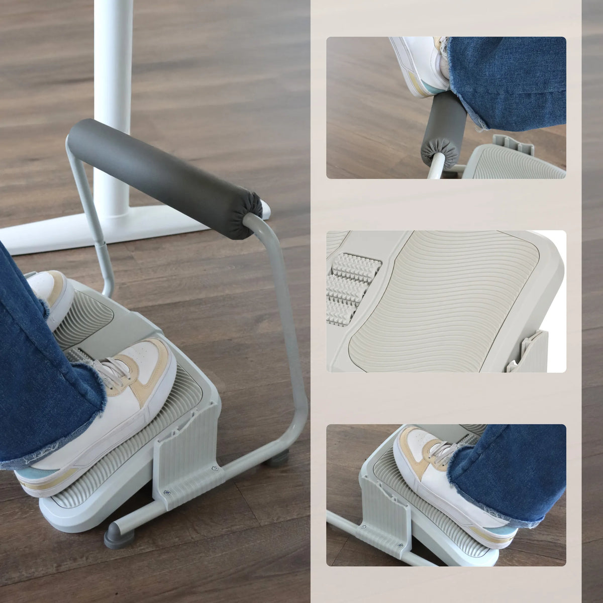Repose-pieds PODI FMW en gris clair avec profil antidérapant et un rouleau de massage rembourré de hjh OFFICE