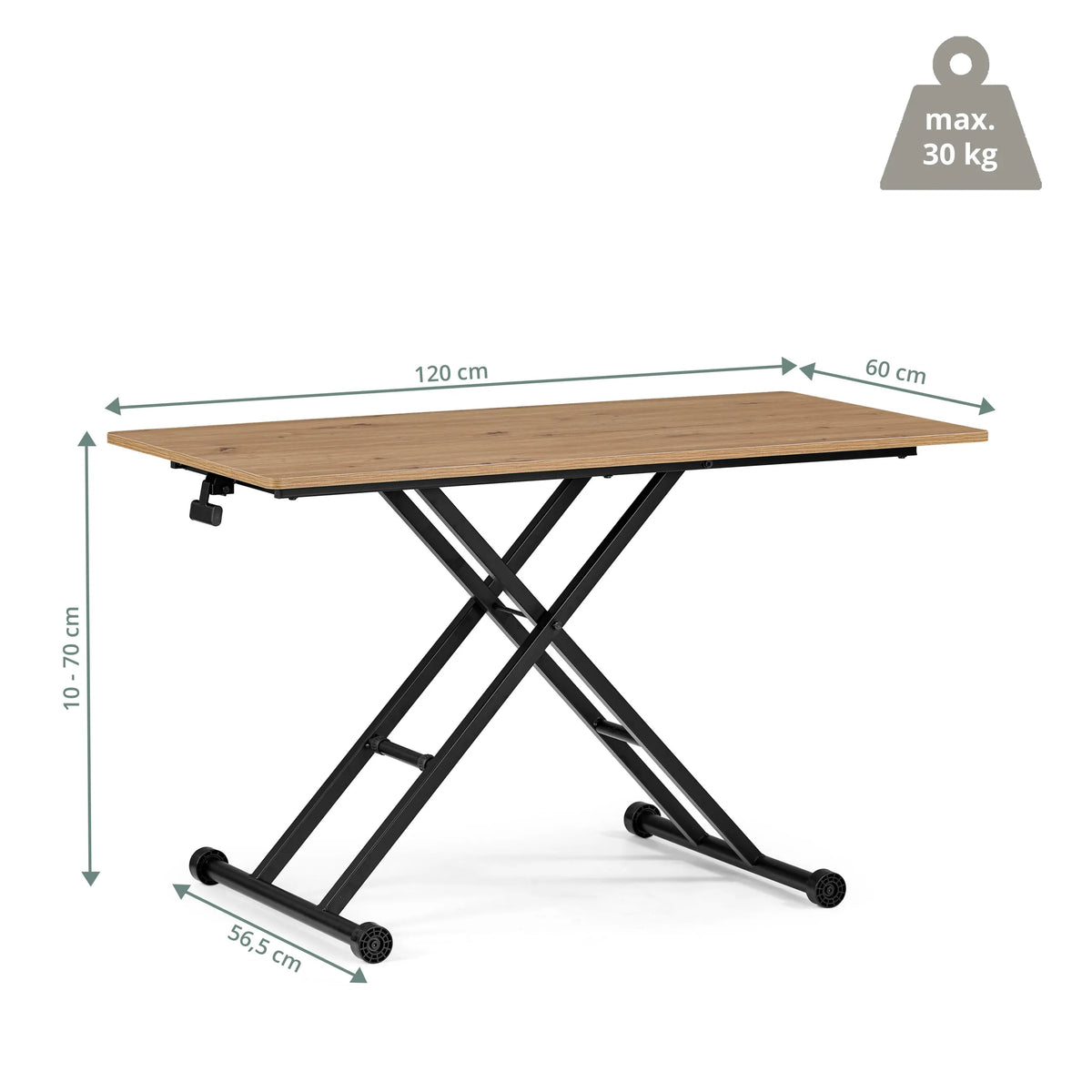 Dessin dimensionnel de la table Worktime Lift avec un plateau de 120 × 60 cm et une capacité de charge de 30 kg de hjh OFFICE