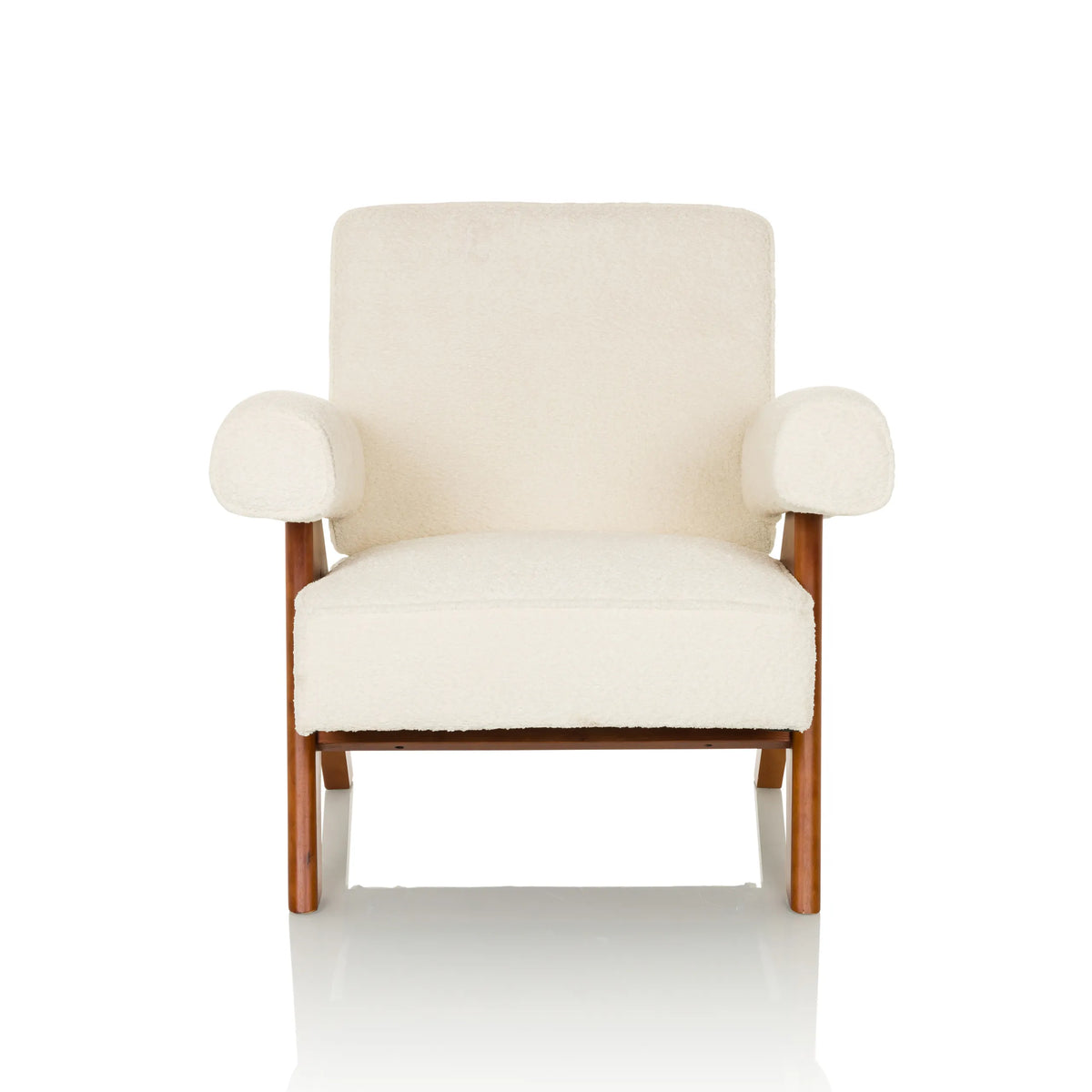 Fauteuil de salon POOLY blanc avec revêtement texturé et pieds en bois foncé de hjh LIVING – vue à 360° (vue de face 0°)