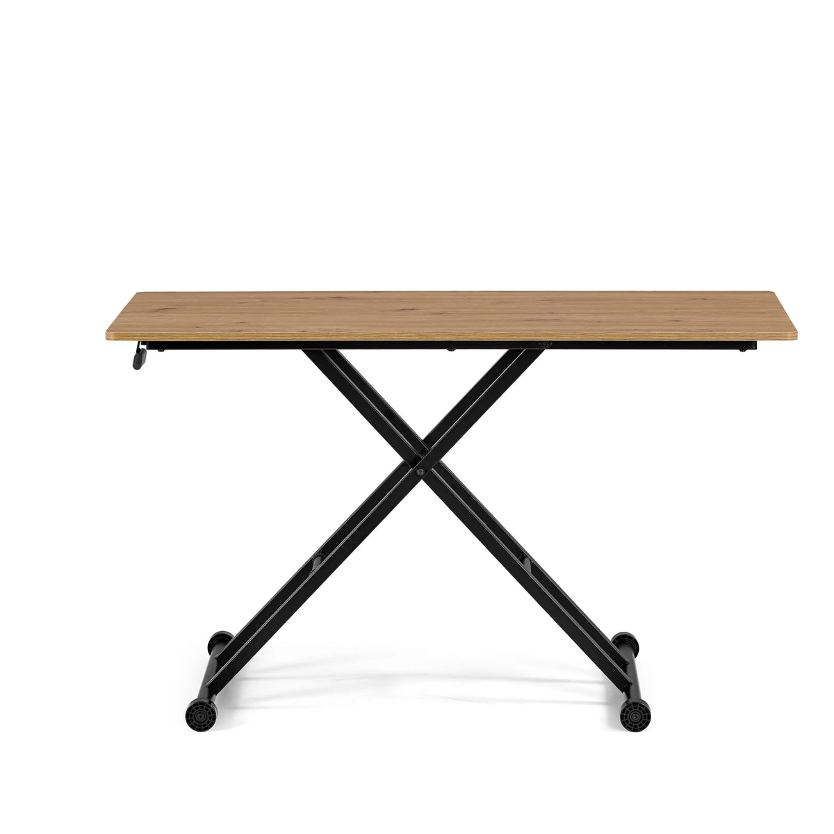 Table pliante noire Worktime Lift avec plateau aspect chêne et roulettes de hjh OFFICE – vue à 360° (vue de face 0°)