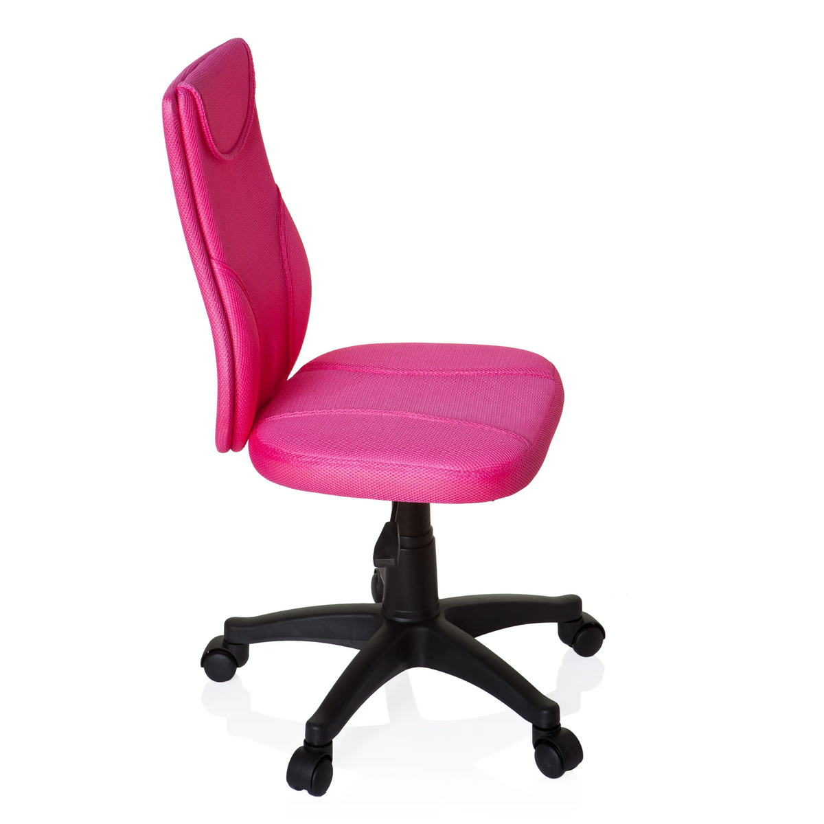 Chaise pivotante pour des enfants KIDDY BASE rose avec dossier en maille et base noire à cinq roulettes de hjh OFFICE – vue à 360° (vue de profil 80°)
