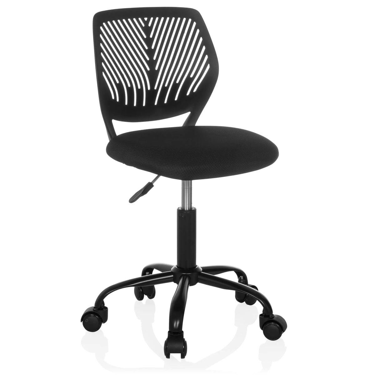 Chaise pivotante pour des enfants KID QB noire avec dossier en maille et base à cinq roulettes de hjh OFFICE – vue à 360° (vue de trois quarts avant 30°)
