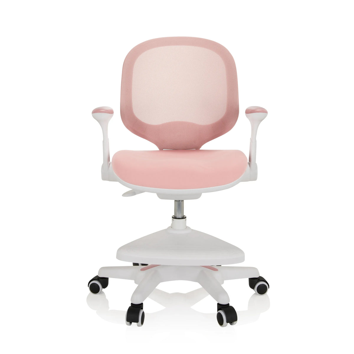 Chaise pour enfants KID ERGO rose avec dossier en maille, accoudoirs et base blanche à cinq roulettes de hjh OFFICE – vue à 360° (vue de face 0°)